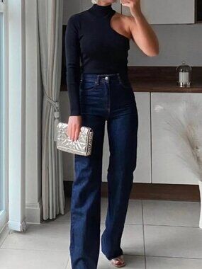 ZARA Dark Wash Straight Leg High Rise 100% Cotton Jeans 33" Size 4 / 28